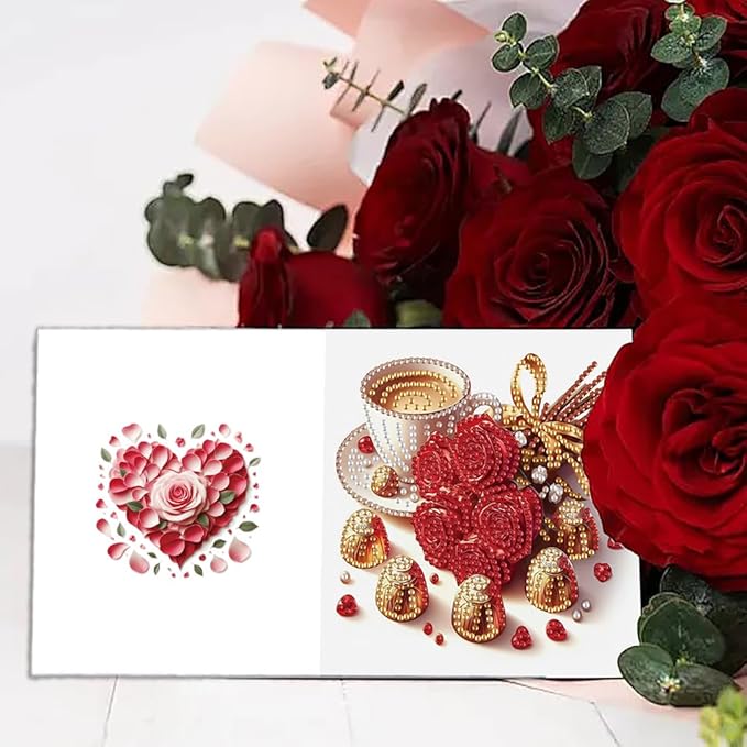 6pcs DIY Valentine Flower Coffee Diamond Art Painting Greeting Cards Kit, Rhinestone Art Holiday Birthday Card Set with Envelopes, DIY Festival Craft for Girlfriend, Christmas Valentine Gift Making Supplies