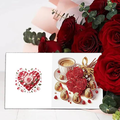 6pcs DIY Valentine Flower Coffee Diamond Art Painting Greeting Cards Kit, Rhinestone Art Holiday Birthday Card Set with Envelopes, DIY Festival Craft for Girlfriend, Christmas Valentine Gift Making Supplies