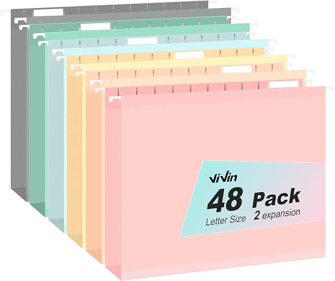 ViVin Hanging File Folders, 1/5-Cut Adjustable Tabs with 48 Per Box, 2 Inch Expansion, 48 Pack Letter Size Hanging File Folders, Designed for Office Home School Filing Cabinet(Assorted)