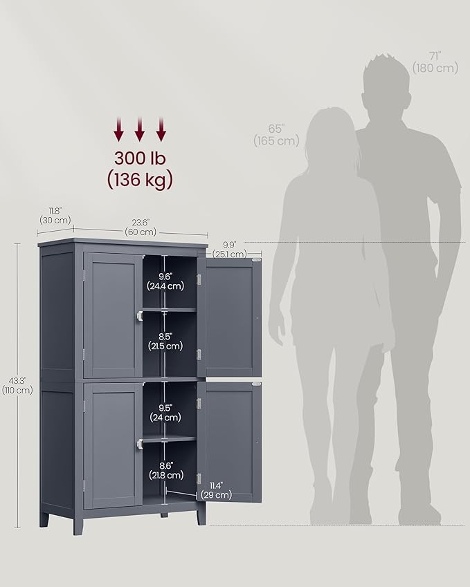 VASAGLE Floor Storage Cabinet, Freestanding Storage Unit with 4 Doors, Adjustable Shelves, 11.8 x 23.6 x 43.3 Inches, for Entryway, Bathroom, Slate Gray UBBC552G01V