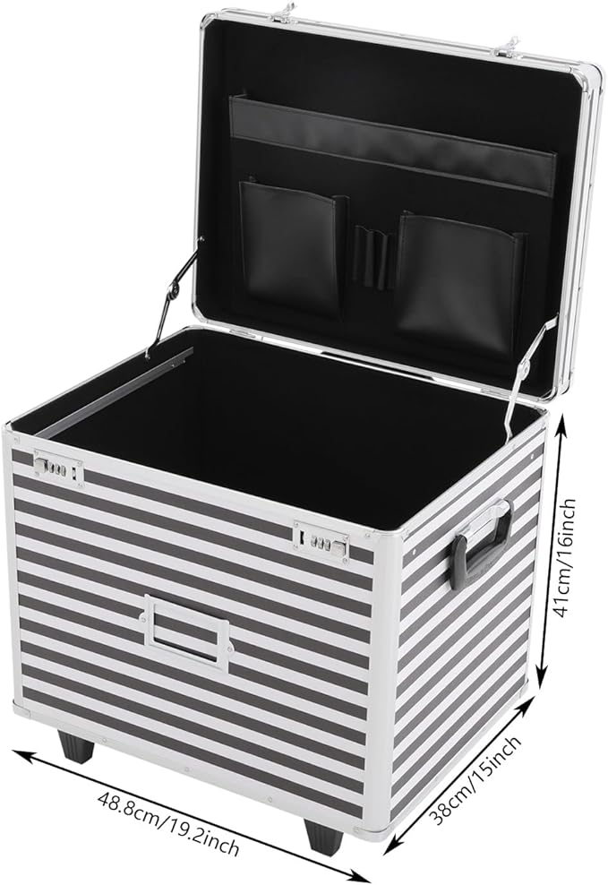Mobile Business Case, Locking Mobile Storage File Box with Telescopic Handle, Rolling File Box Metal, 19.2 x 15 x 16 Inches, Portable Files Storage Organizer for Office Home School (Striped Pattern)
