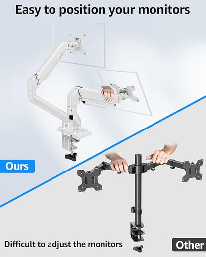 Dual Monitor Stand fits up to 32 inch, 4.4-22 lbs Computer Screens, Dual Monitor Desk Mount Height Adjustable, Monitor Arms for 2 Monitors, Home Office VESA Mounts with Gas Spring, Freelift White