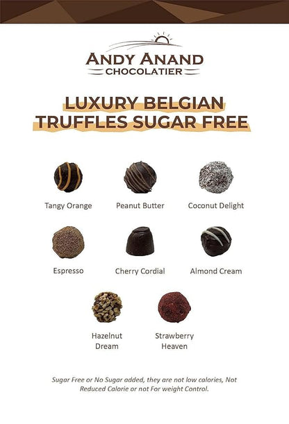 Andy Anand Chocolatier Sugar Free Belgian Chocolate Truffles with 6 Assorted Flavors, Espresso, Hazelnut, Strawberry, Coconut, Cherry, & Orange, Gluten Free Chocolate Gift Box (24 Pcs)