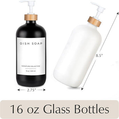 Emerson Essentials Soap Dispenser, Dish Soap Dispenser for kitchen, Hand Soap Dispenser Bathroom | Kitchen Soap Dispenser Set, Glass Hand Soap and Lotion Set for Bathroom, 16 Oz, Bamboo Tray, Set of 2