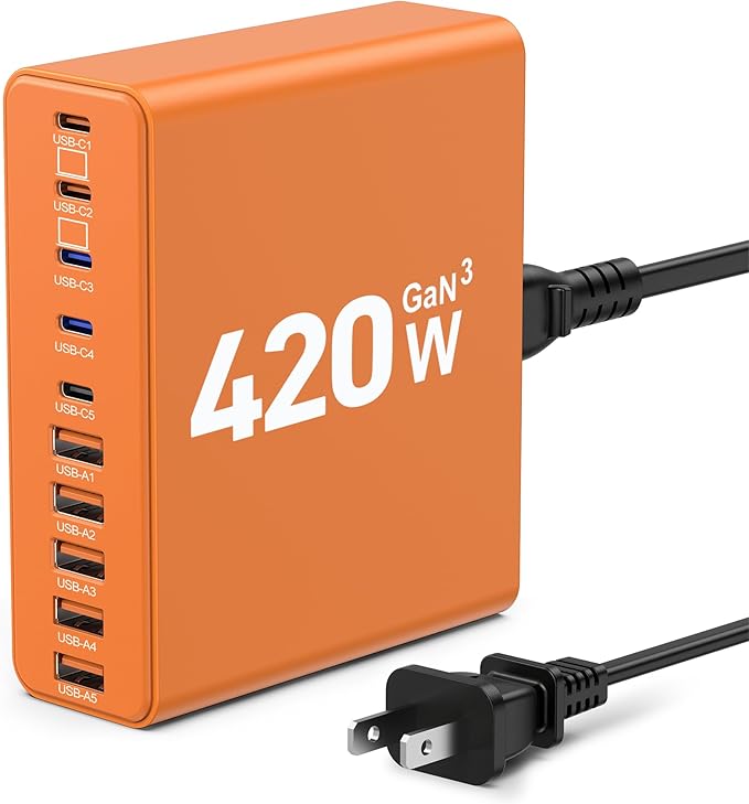 420W USB C Charger Block,10-Port Charging Station GaN Fast Charging Type C & USB A Wall Charger Adapter for MacBook Pro/Air,iPhone,iPad,Dell XPS,Samsung Galaxy(Orange)