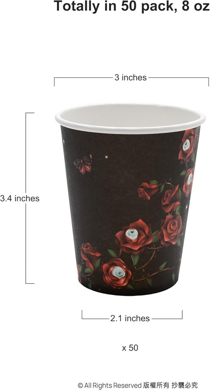 Cheerland Halloween Disposable Paper Cups Red Rose Eyeball Skull Skeleton Disposable Tableware for Halloween Gothic Spooky Birthday Celebration Emo Party Supplies 50pcs