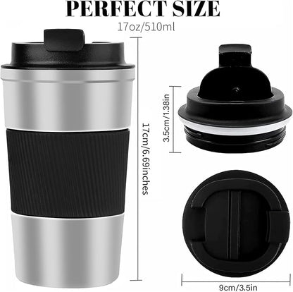 YINBAOGE Insulated Travel Coffee Mug, Spill & Leak Proof, Portable To Go Camping Stainless Steel Coffee Tumbler, Reusable Thermal Coffee Cup with Lid for Hot & Cold Drinks (Silver black, 17 OZ)
