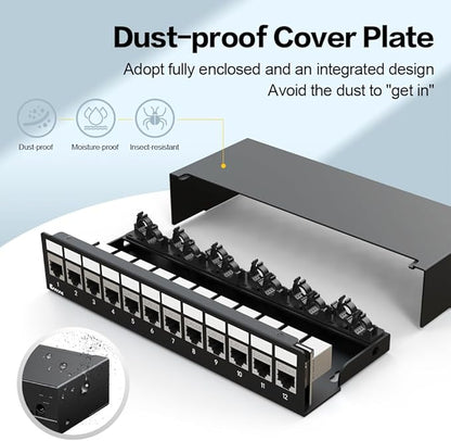 12Port Patch Panel CAT6A Keystone Patch Panel Shielded Network Patch Patch with Smart Cable Management for Home/Office Network (1U 12Port, CAT6A)