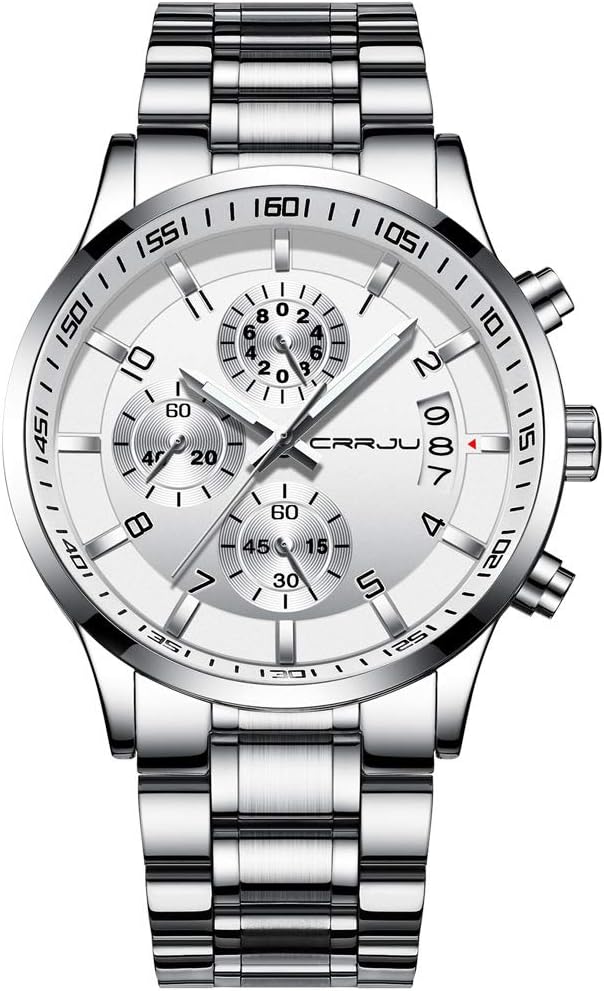 CRRJU Men's Fashion Stainless Steel Watches Date Waterproof Chronograph Wristwatches,Black Steel Band Waterproof Quartz Watch for Men