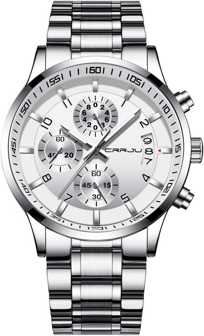 CRRJU Men's Fashion Stainless Steel Watches Date Waterproof Chronograph Wristwatches,Black Steel Band Waterproof Quartz Watch for Men