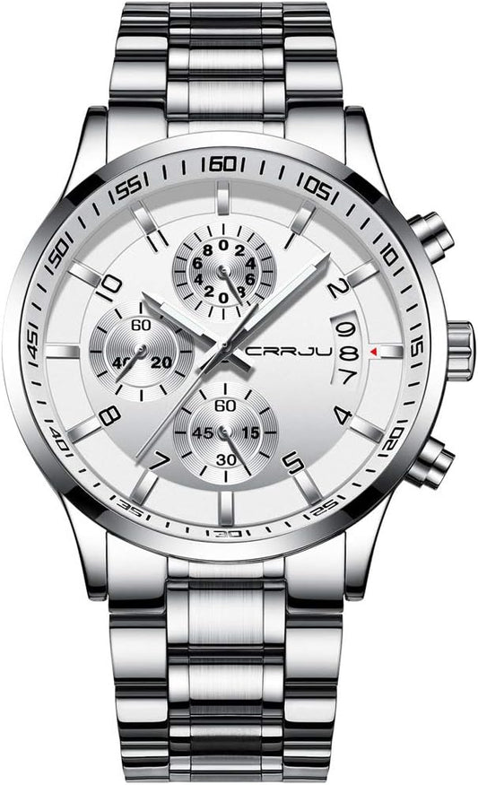 CRRJU Men's Fashion Stainless Steel Watches Date Waterproof Chronograph Wristwatches,Black Steel Band Waterproof Quartz Watch for Men