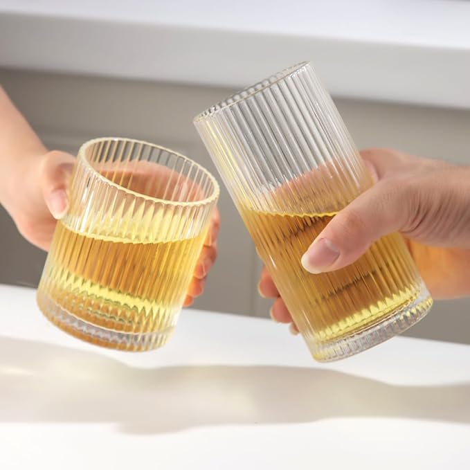Ribbed Drinking Glasses 8pcs, 12oz and 10oz Glassware, Tumbler Glasses Cup Set for Wedding, Party, Christmas Gift, Clear