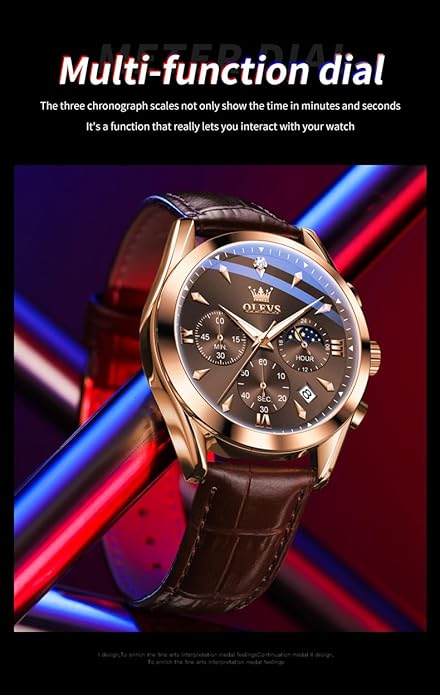 OLEVS Men's Leather Analog Quartz Watch - Luxury Chronograph Wristwatch With Date, Waterproof, Luminous - Dress Style