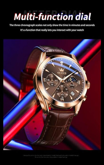 OLEVS Men's Leather Analog Quartz Watch - Luxury Chronograph Wristwatch With Date, Waterproof, Luminous - Dress Style
