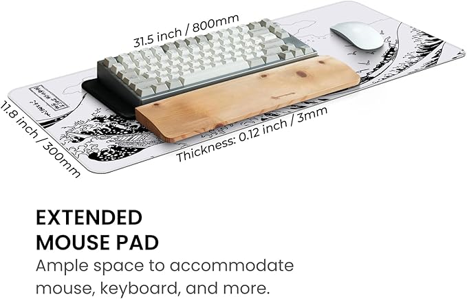 MAY FLOWER Large Gaming Mouse Pad, Full Keyboard Mat, Long Laptop Mousepad, Computer Mouse Mat for Home and Office, Anti-Slip Rubber Base, 31.5 x 11.8 Inches (White Sea Wave)
