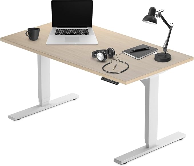 Progressive Desk Stand Up Height Adjustable Electric Standing Desk - 55" x 28" with Dual Motor, 3 Stages Sit Stand Table for Home Office - Bright Beech, White Frame