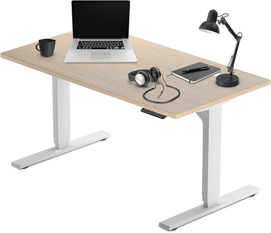 Progressive Desk Stand Up Height Adjustable Electric Standing Desk - 55" x 28" with Dual Motor, 3 Stages Sit Stand Table for Home Office - Bright Beech, White Frame