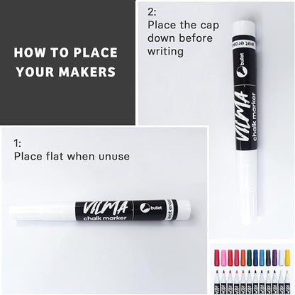 VILMA White Liquid Chalk Markers 36 Pack Chalk Pens for Blackboard, Chalkboard, Windows, Glass, LED Board, Bistro Signs – Erasable Water-Based Ink Ideal for Teachers, Artists & DIY Projects