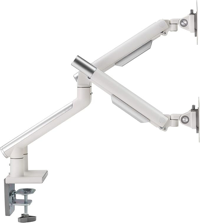 POUT E12 Dual Monitor Arm Mount Stand – Adjustable Full Motion Desk Mount for 17’’-32’’ Screens, Supports 4-22lbs per Arm, VESA 75x75mm & 100x100mm (White/Silver)
