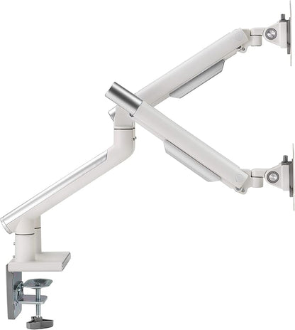 POUT E12 Dual Monitor Arm Mount Stand – Adjustable Full Motion Desk Mount for 17’’-32’’ Screens, Supports 4-22lbs per Arm, VESA 75x75mm & 100x100mm (White/Silver)