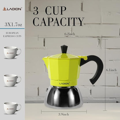 Stovetop Espresso Maker, 3Cup Moka Pot, Espresso Machine Compatible with Induction Cooktops, 150ml Stainless Steel & Aluminum Cuban Coffee Maker for Cafetera Cubana, Green
