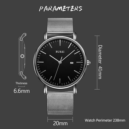 BUREI Men Watches Brown Leather Fashion Minimalist Wrist Watch Simple Ultra Thin Waterproof Quartz Watches All Black Stainless Steel Mesh Band,Gift for Men Women