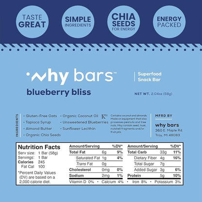 Why Bars, Protein Bars, Blueberry Bliss, 2.04 Ounce Bars (Pack of 12 Protein Bars) - Protein Bar Superfood, Gluten Free, Non GMO, Organic, Vegan, Simple Ingredients