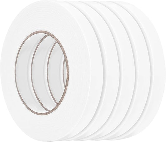 Double Sided Foam Tape 0.5In x 16.5FT 5 Pack, Mounting Tape Heavy Duty, Strong Adhesive Weatherproof Seal Strips for DIY Craft Picture Poster, Car & Gap Filling Mountings, Home Office Decor (White)