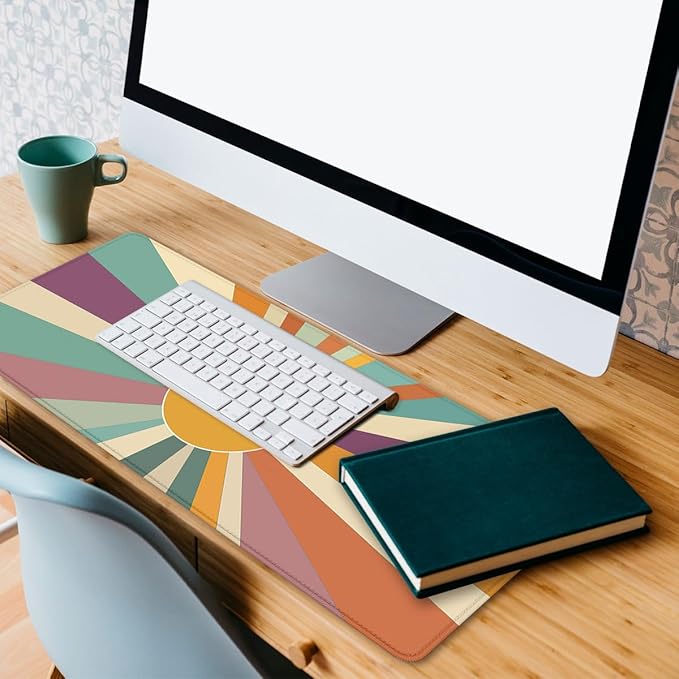 Boho Desk Pad Mouse Pad Colorful Mid Retro Sunburst Aesthetic XL Mouse Pad Large Mousepad Extended Laptop Keyboard Mat Gaming Desk Pad Mouse Mat 31.5"x11.8"