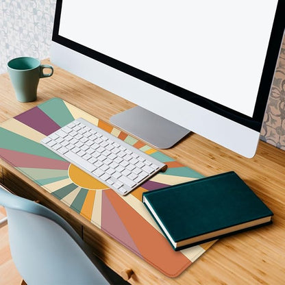 Boho Desk Pad Mouse Pad Colorful Mid Retro Sunburst Aesthetic XL Mouse Pad Large Mousepad Extended Laptop Keyboard Mat Gaming Desk Pad Mouse Mat 31.5"x11.8"