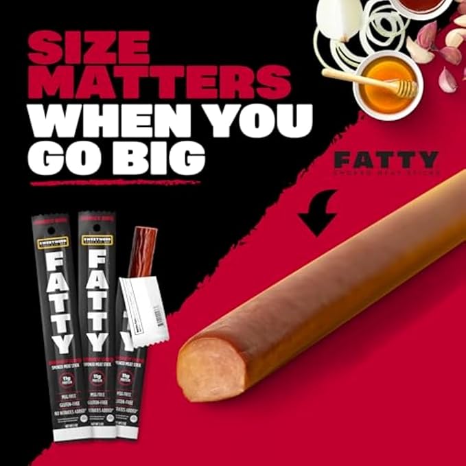 FATTY Meat Sticks, Made with Grass Fed Beef, Pork Raised Without Antibiotics, 11g Protein Per Stick, Honey BBQ, Stocking Stuffer, 2 oz. (Pack of 20)
