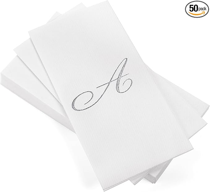 AMERICAN HOMESTEAD Disposable Hand Towels - Silver Foil Monogrammed Guest Napkins - Linen-Like Bathroom Paper Towels for Guests - Perfect Wedding and Party Napkins - 50 Count (Silver A)