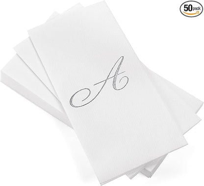 AMERICAN HOMESTEAD Disposable Hand Towels - Silver Foil Monogrammed Guest Napkins - Linen-Like Bathroom Paper Towels for Guests - Perfect Wedding and Party Napkins - 50 Count (Silver A)