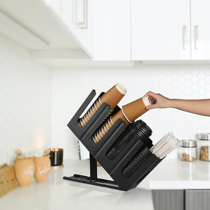 Paper Cup and Lid Holder with Straw Organizer, Disposable Coffee Cup Dispenser for Countertop Coffee Station Bar Restaurant Breakroom, Black