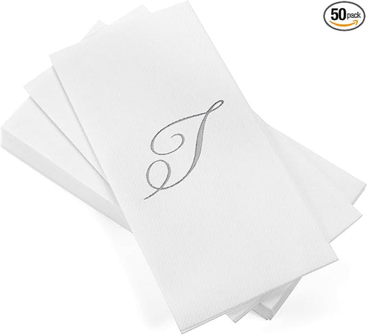 AMERICAN HOMESTEAD Disposable Hand Towels - Silver Foil Monogrammed Guest Napkins - Linen-Like Bathroom Paper Towels for Guests - Perfect Wedding and Party Napkins - 50 Count (Silver T)