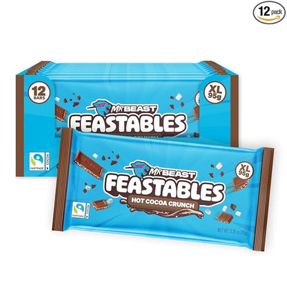 Feastables MrBeast Hot Cocoa Crunch Bar, Extra Large Size Candy Bar for Adults & Kids, Candy Bars for Snacks, Gifts, or Dessert, Made With Fairtrade Cocoa, 3.35 Oz Each, 12 Count