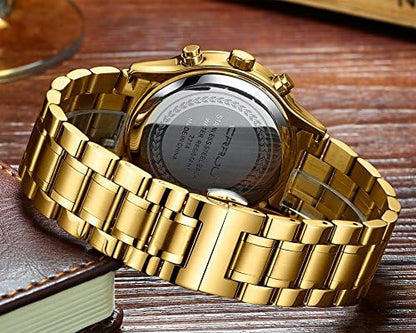 CRRJU Men's Fashion Stainless Steel Watches Date Waterproof Chronograph Wristwatches,Black Steel Band Waterproof Quartz Watch for Men