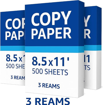Multipurpose Copy Paper, 3 Reams, 1,500 Sheets Total, Pack of 3, Very Bright White, Ships Fast