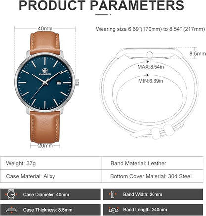 CHEETAH Minimalist Waterproof Quartz Watches for Men with Leather Strap, Auto Date