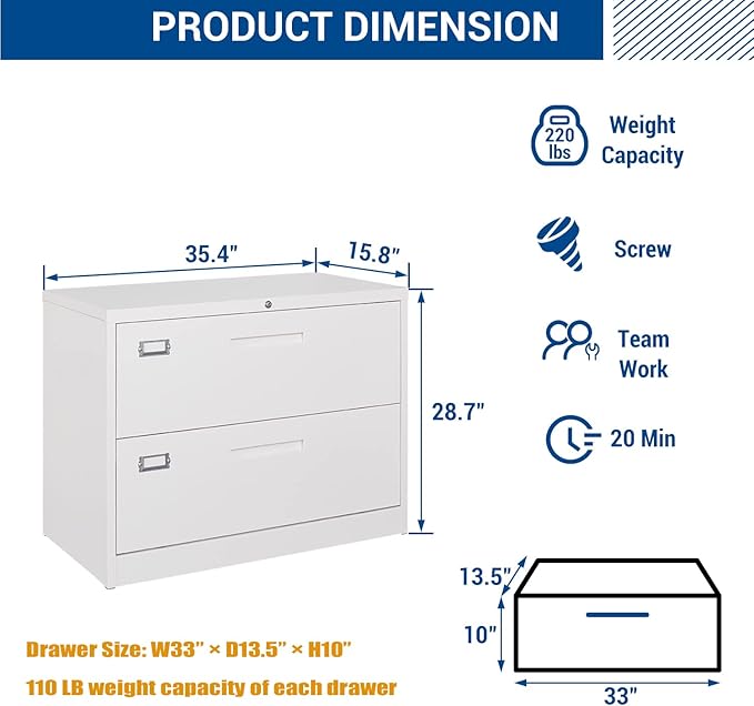 Lateral File Cabinet with Lock, 2 Drawer Large Metal Filing Cabinet,Home Office Lockable Storage Cabinet for Hanging Files Letter/Legal/F4/A4 Size-Assembly Required