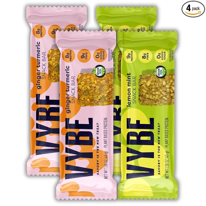 Vybe Snacks Savory Snack Bars – Ginger Garlic & Lemon Mint (2 of each) Crunchy & Delicious | Zero-Added Sugar, Gluten-Free, Plant-Based Goodness, Keto-Friendly, No Artificial Ingredients (Pack of 4, Variety Pack)