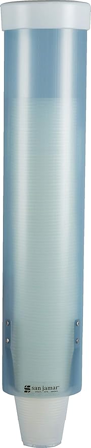 San Jamar Medium Pull-Type Cup Dispenser 4-10 Oz. Cups with Flip Cap for Restaurants, Home, And Office, Plastic, 16 Inches, Frosted Blue