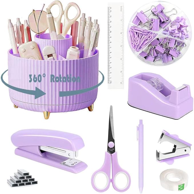 Desk Organizers and Accessories Set with 360-Degree Rotating Pen Holder, Tape Dispenser, Stapler, Staple Remover, 1000 Staples, Tape, Clips Set, Ruler, Scissor, Pen (Purple, 10 Pcs Set)