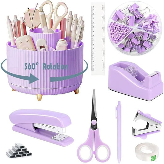 Desk Organizers and Accessories Set with 360-Degree Rotating Pen Holder, Tape Dispenser, Stapler, Staple Remover, 1000 Staples, Tape, Clips Set, Ruler, Scissor, Pen (Purple, 10 Pcs Set)