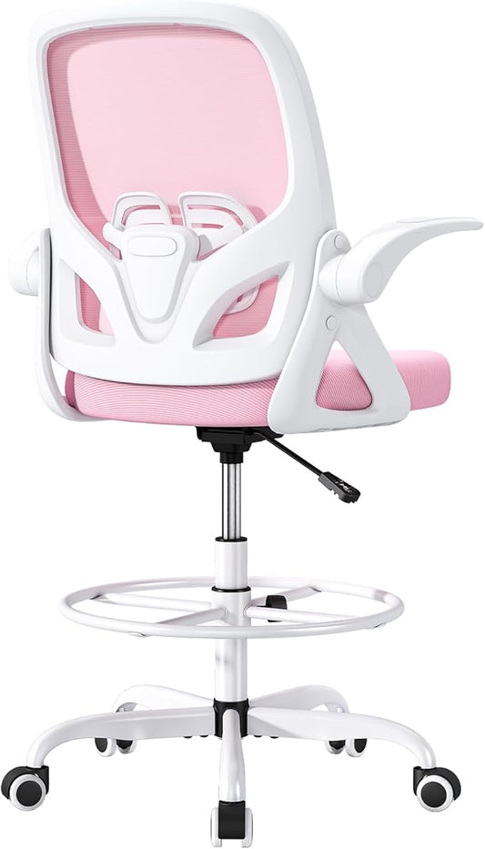 Tall Drafting Chair with Lumbar Support and Footrest Ring, Supportive Tall Extended Height Ergonomic Desk Chair for Home Work, Breathable Mesh Office Chair with Flip up Arms(Pink)