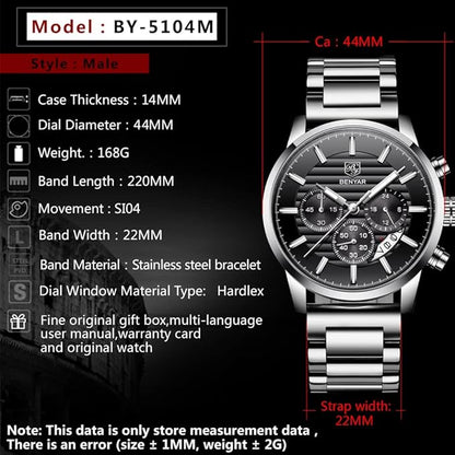 BENYAR Quartz Chronograph Waterproof Watches Business and Sport Design Leather Band Strap Wrist Watch for Men