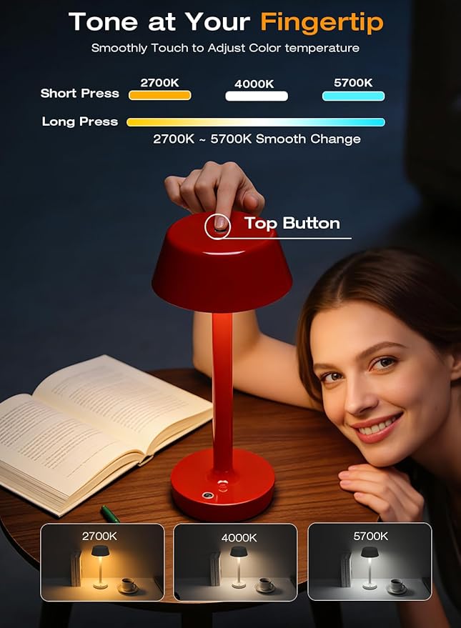 Cordless Rechargeable Table Lamp with Power Charger,Portable LED Desk Lamp,5000mAh Battery Operated,2700K-5700K Tunable,Stepless Touch Dimming for Bedroom Bedside Outdoor Camping,Red