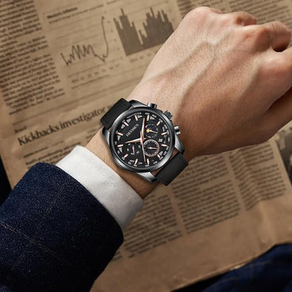 Watches for Men Chronograph Analog Luminous Quartz Watch Blue Black Luxury Genuine Leather Mens Watches Business Sports Waterproof Wristwatch Elegant Gift for Him