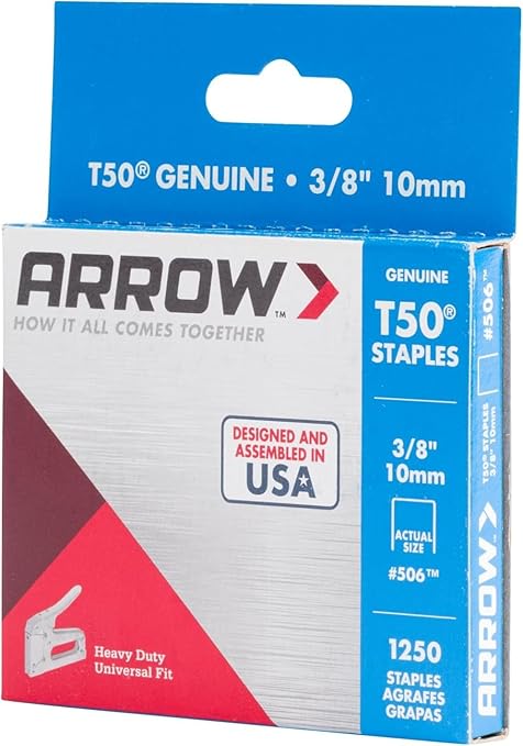 Arrow 506 T50 Heavy Duty Staples, 3/8-Inch Leg Length, 3/8-Inch Crown Width Staples for Upholstery, Construction, Furniture, Crafts, 1250-Pack
