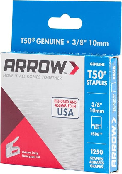 Arrow 506 T50 Heavy Duty Staples, 3/8-Inch Leg Length, 3/8-Inch Crown Width Staples for Upholstery, Construction, Furniture, Crafts, 1250-Pack